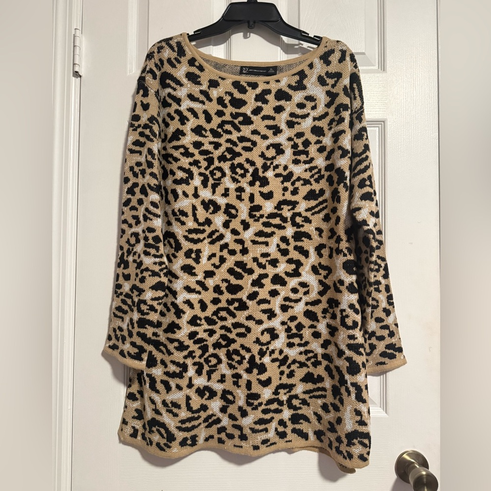 New York & Company Tunic Top Acrylic Knit Women’s Black Brown Animal Print XL